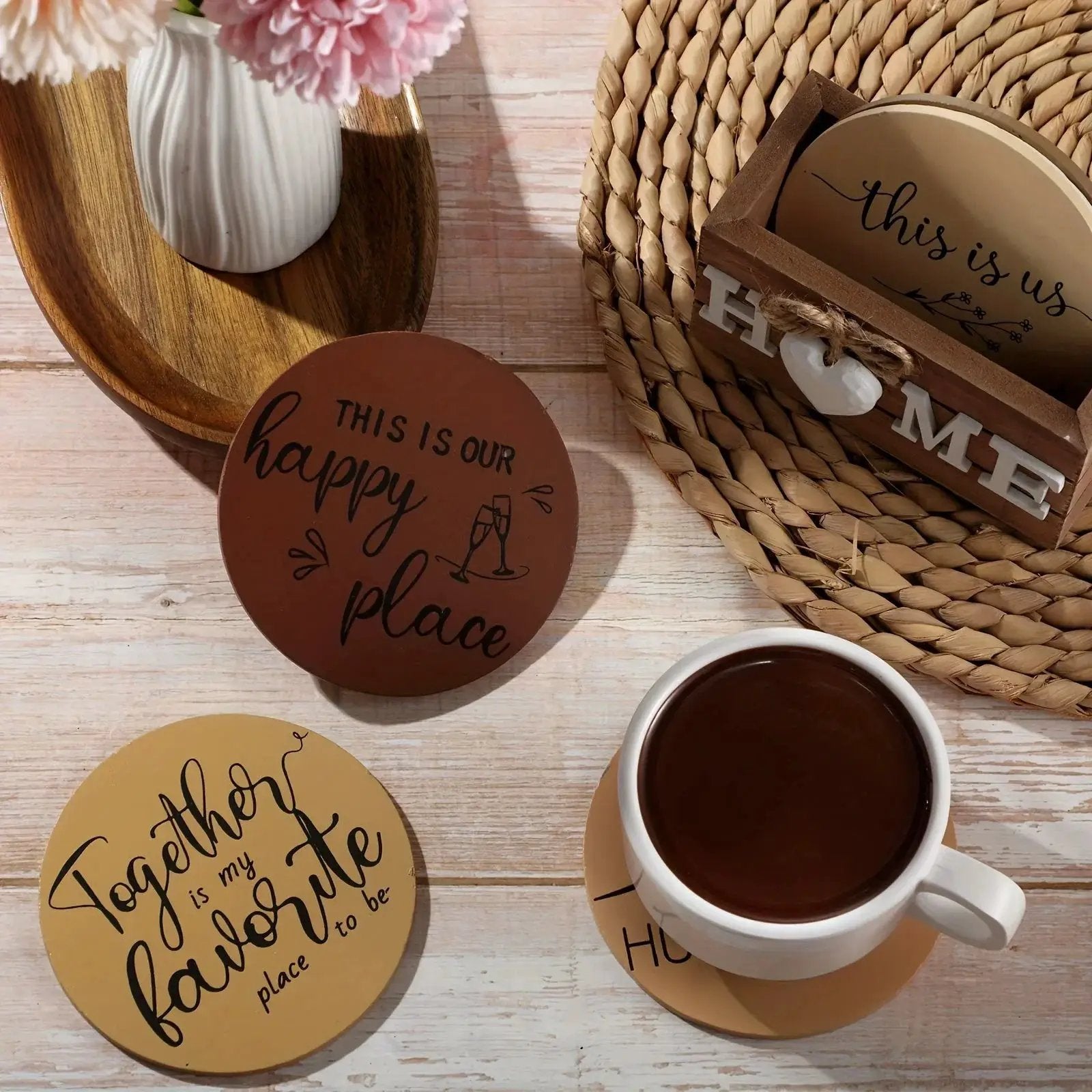 Wood Coasters - Brown Wooden Holder Set by House Of Avana