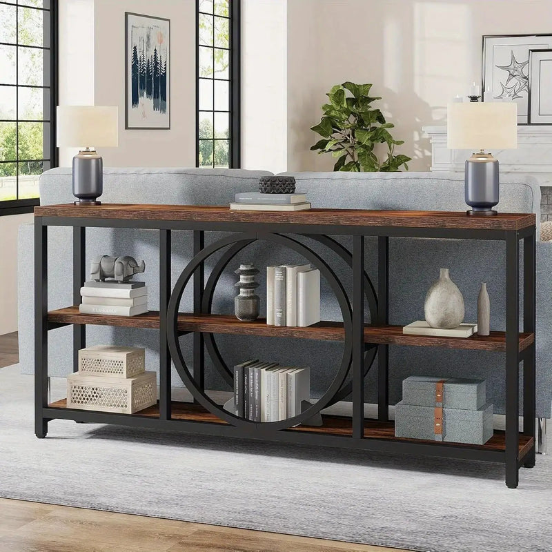 Wood Sofa Console Table with 3 Tier Storage, 70.9 inch, Black by House Of Avana