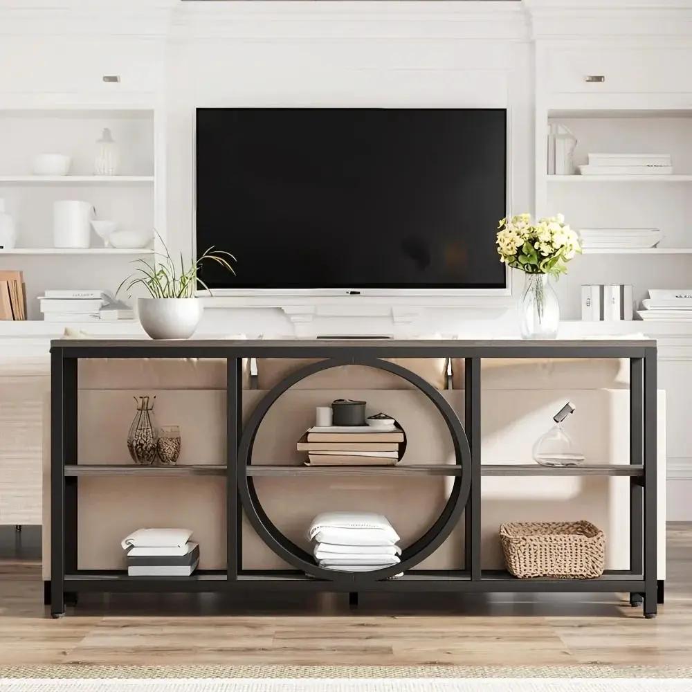 Wood Sofa Console Table with 3 Tier Storage, 70.9 inch, Black by House Of Avana
