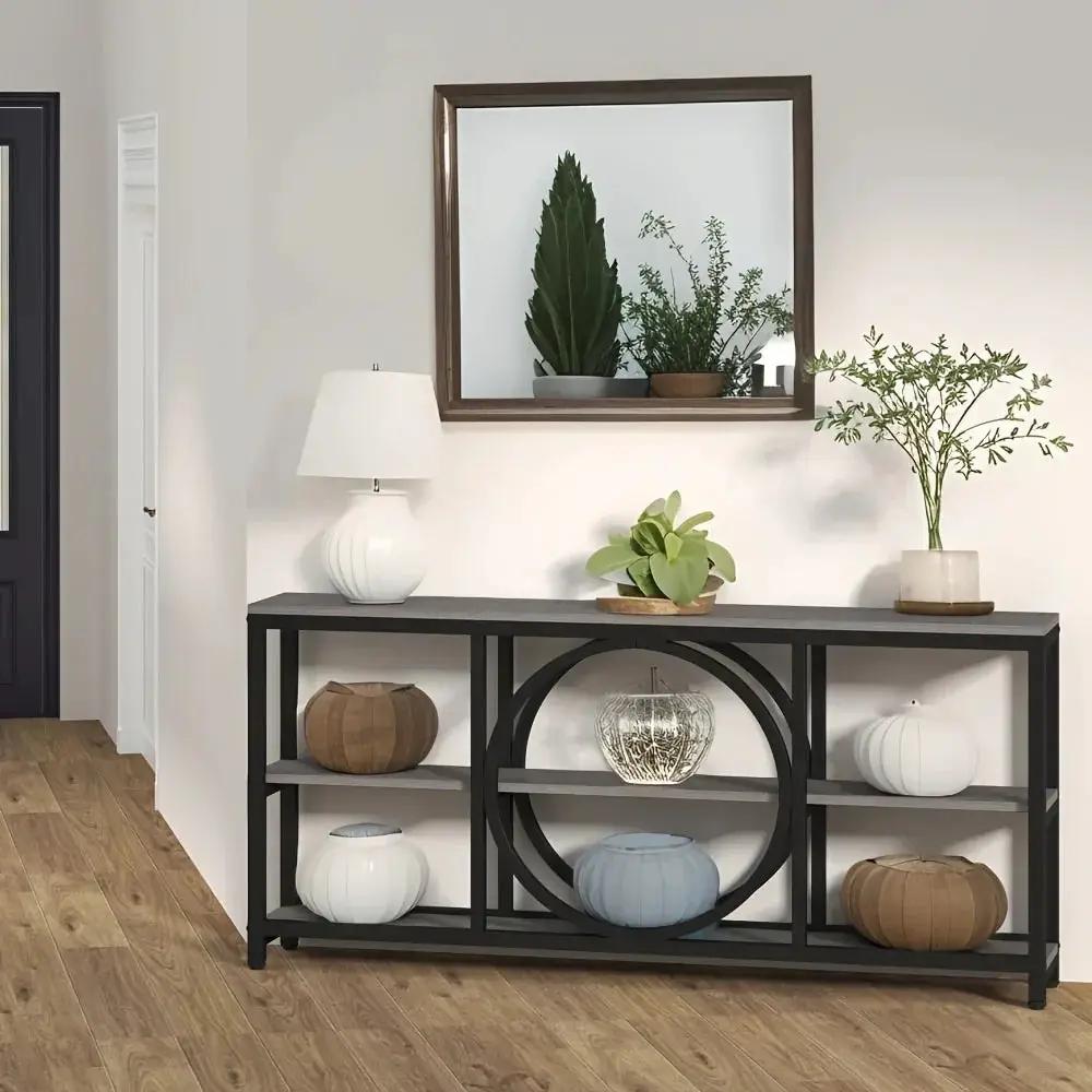 Wood Sofa Console Table with 3 Tier Storage, 70.9 inch, Black by House Of Avana