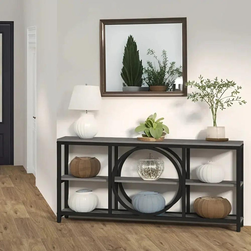 Wood Sofa Console Table with 3 Tier Storage, 70.9 inch, Black by House Of Avana