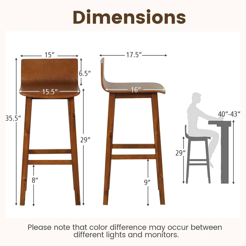 29 Inch Wood Bar Stools Set of 2 with Solid Back and Seat-Walnut by DirectDeals