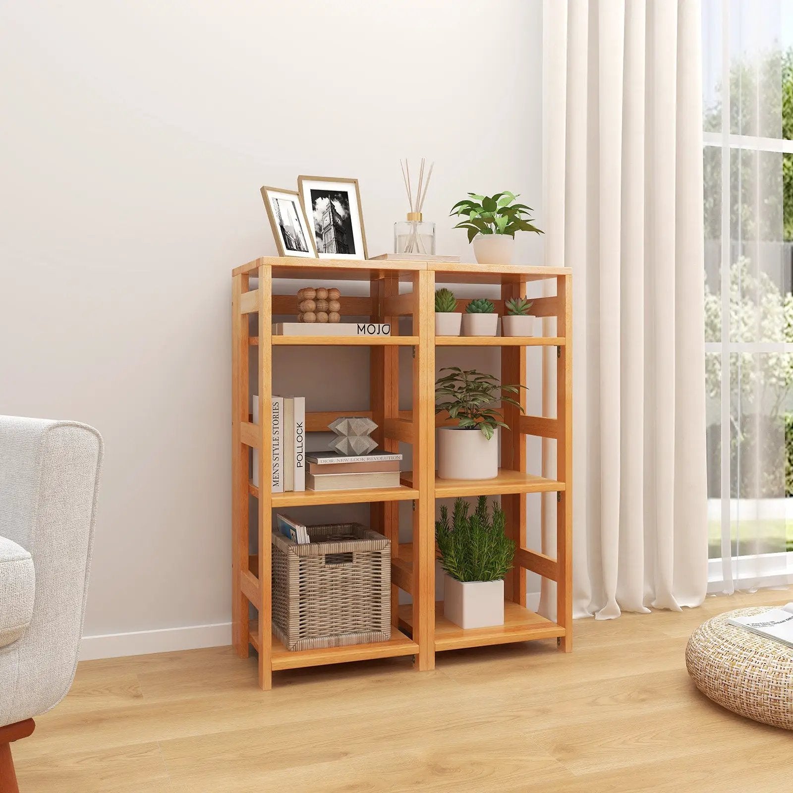 4-Tier Bookshelf Rubber Wood Bookcase with Side Fences for Living Room by DirectDeals
