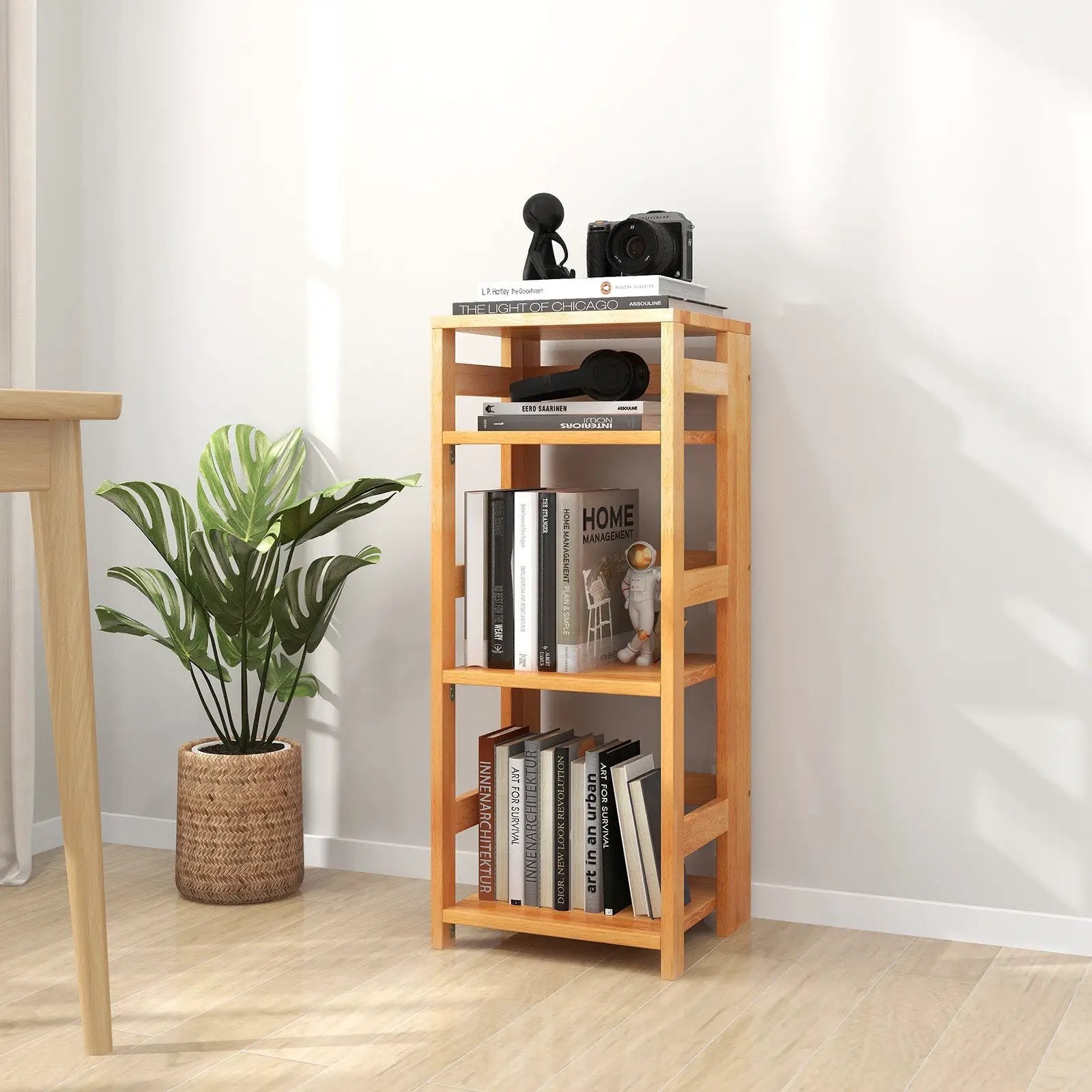 4-Tier Bookshelf Rubber Wood Bookcase with Side Fences for Living Room by DirectDeals