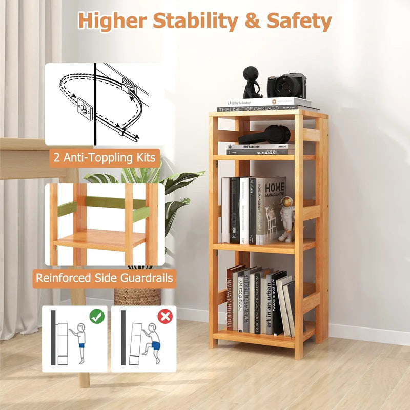 4-Tier Bookshelf Rubber Wood Bookcase with Side Fences for Living Room by DirectDeals