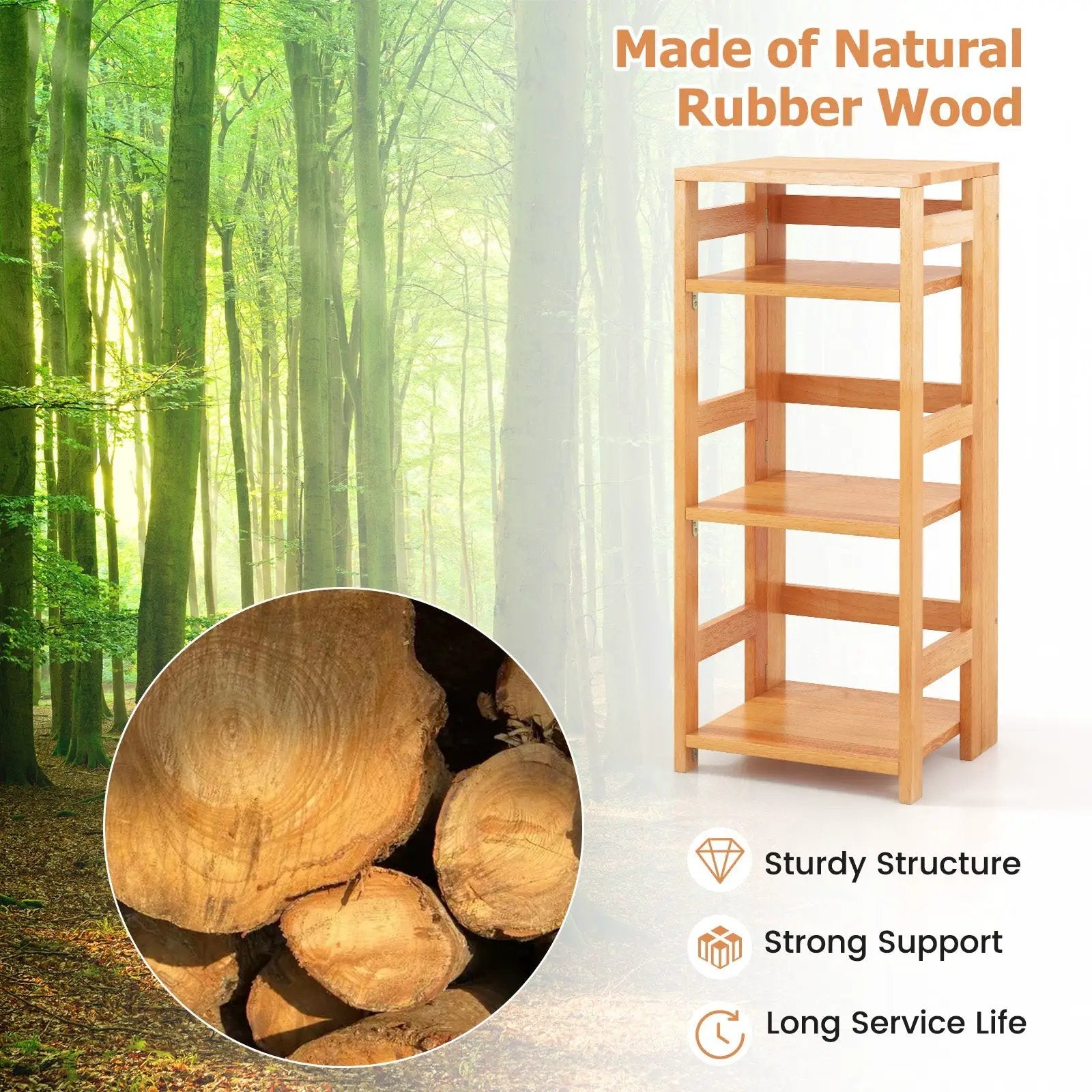 4-Tier Bookshelf Rubber Wood Bookcase with Side Fences for Living Room by DirectDeals