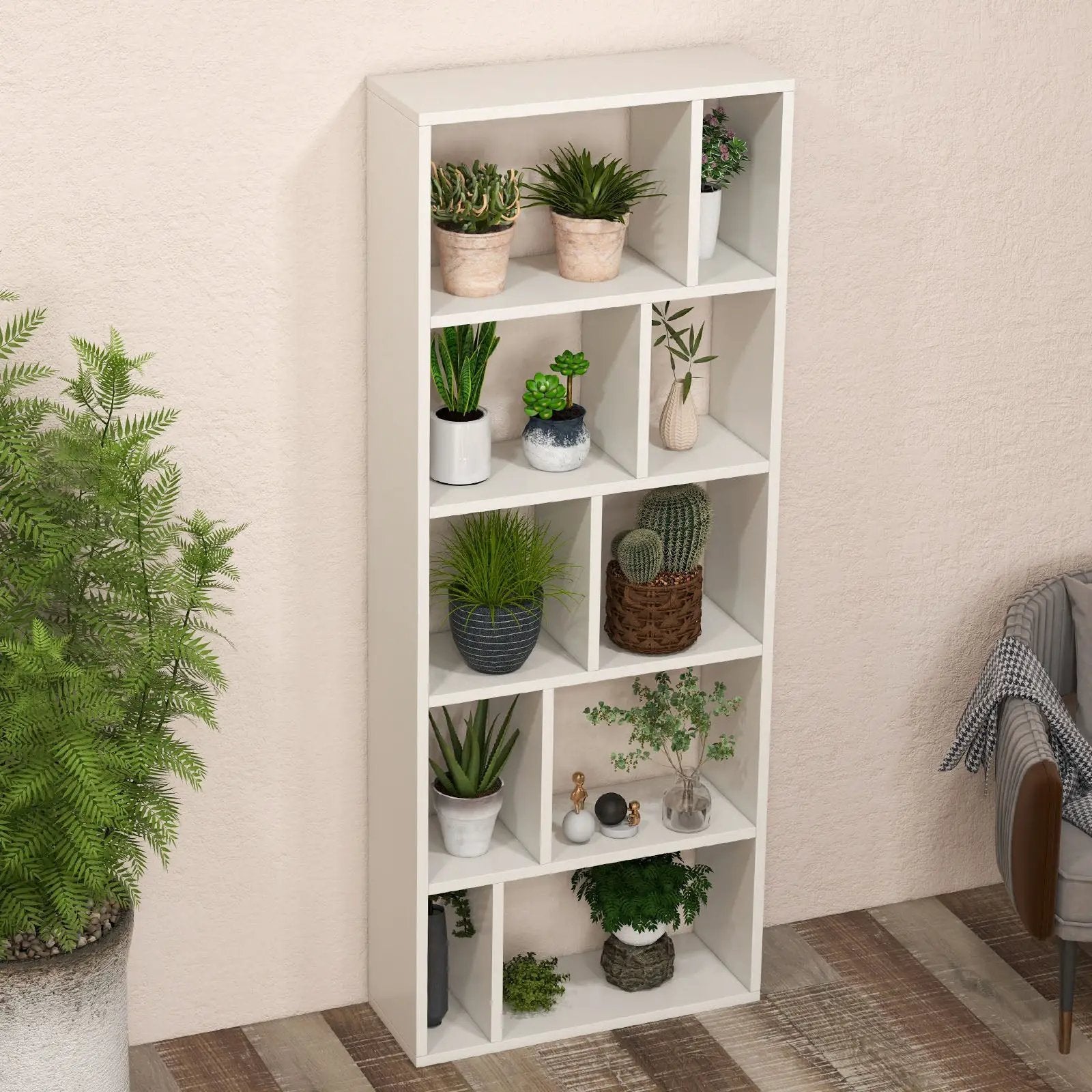 66 Inch Tall 5 Tiers Wood Bookshelf with 10 Open Compartments-White by DirectDeals