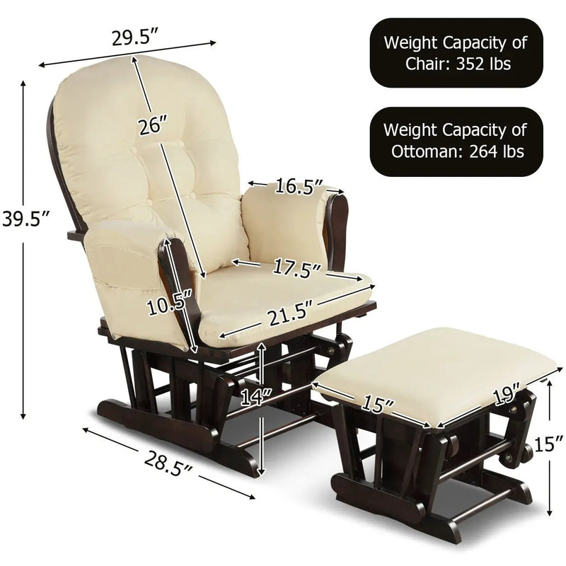 Wood Glider and Ottoman Set with Padded Armrests and Detachable Cushion by DirectDeals