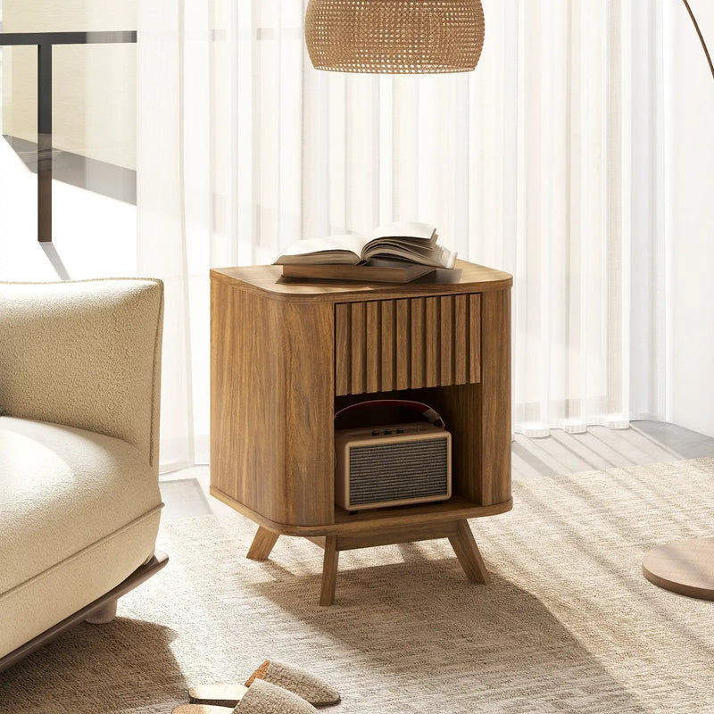 Mid-century Wood Nightstand with Drawer and Open Shelf-Walnut by DirectDeals