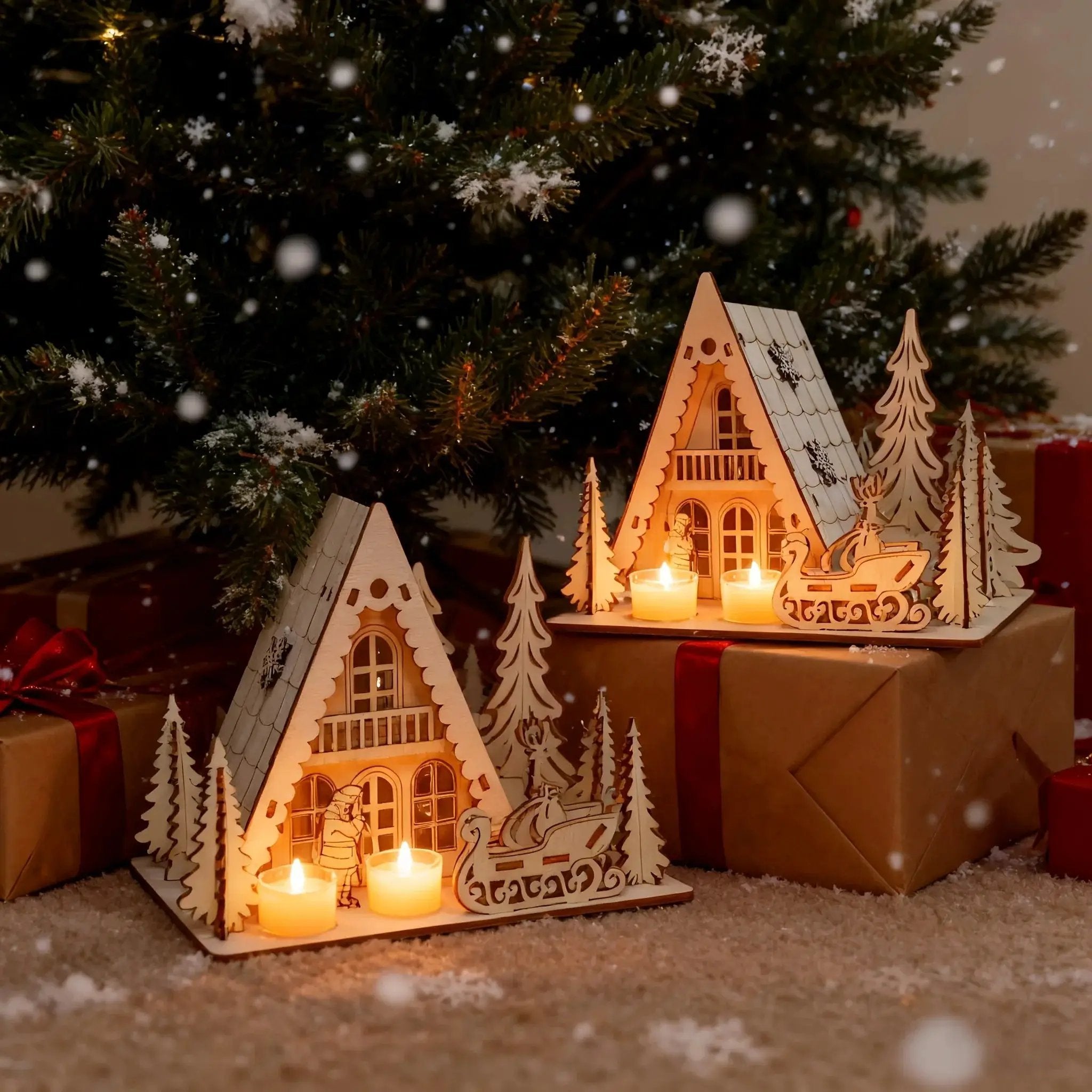 Wooden 3D Christmas House Decoration with Laser-Cut Santa Scene by House Of Avana