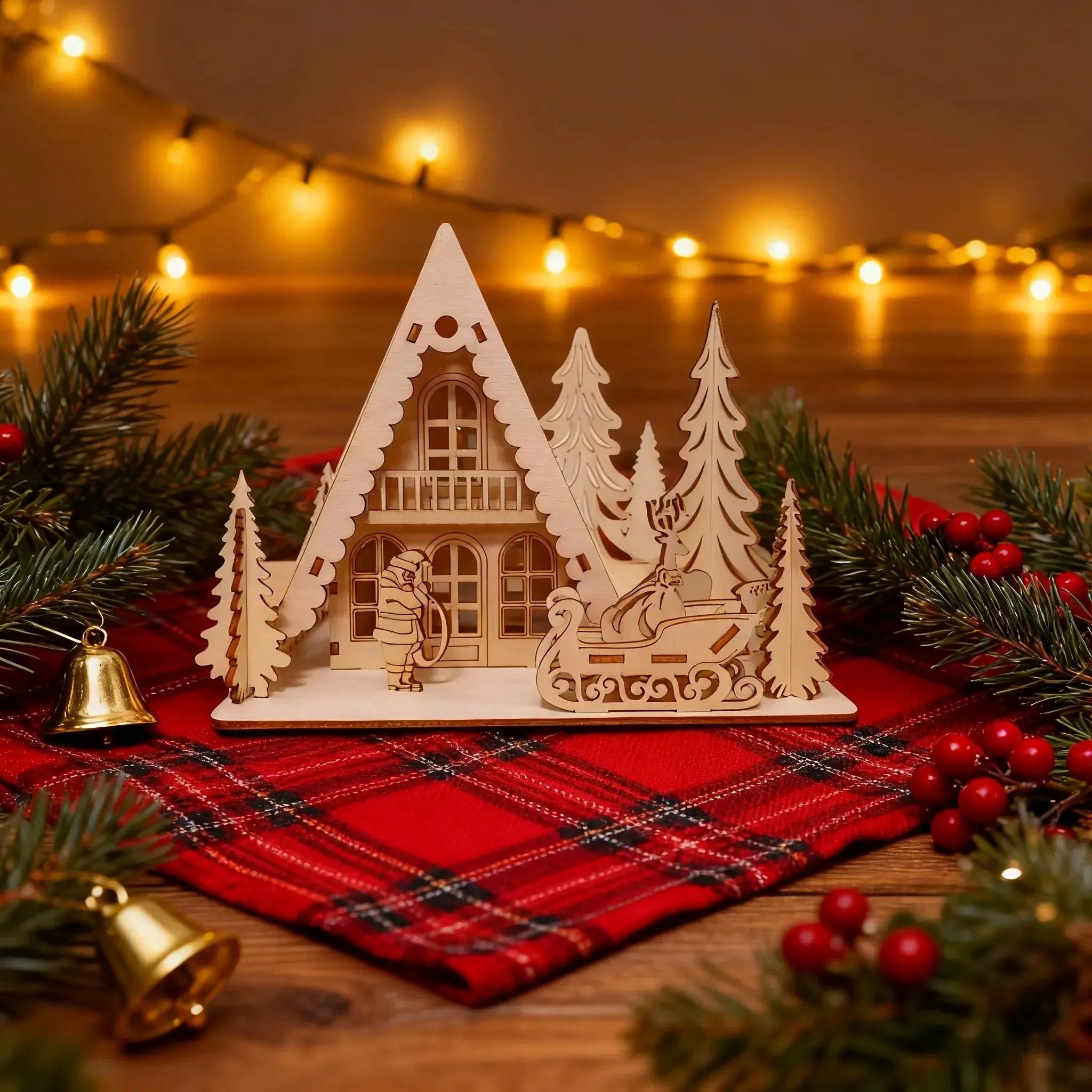 Wooden 3D Christmas House Decoration with Laser-Cut Santa Scene by House Of Avana
