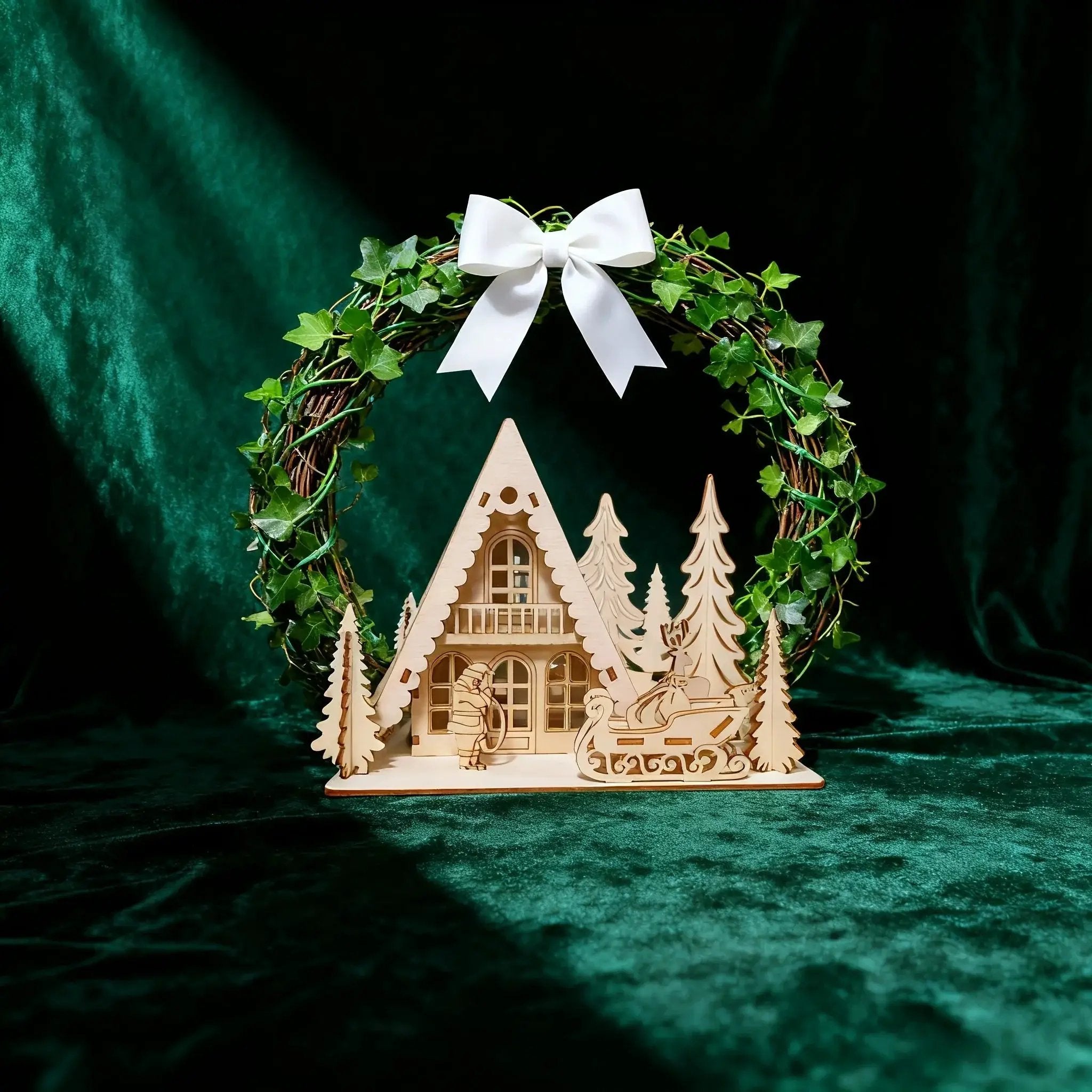 Wooden 3D Christmas House Decoration with Laser-Cut Santa Scene by House Of Avana