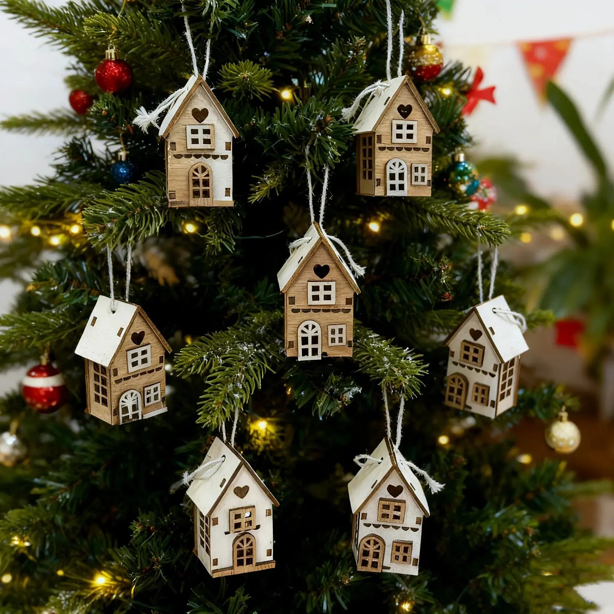 Wooden 3D Hanging House Ornament Brown and White with Windows by House Of Avana