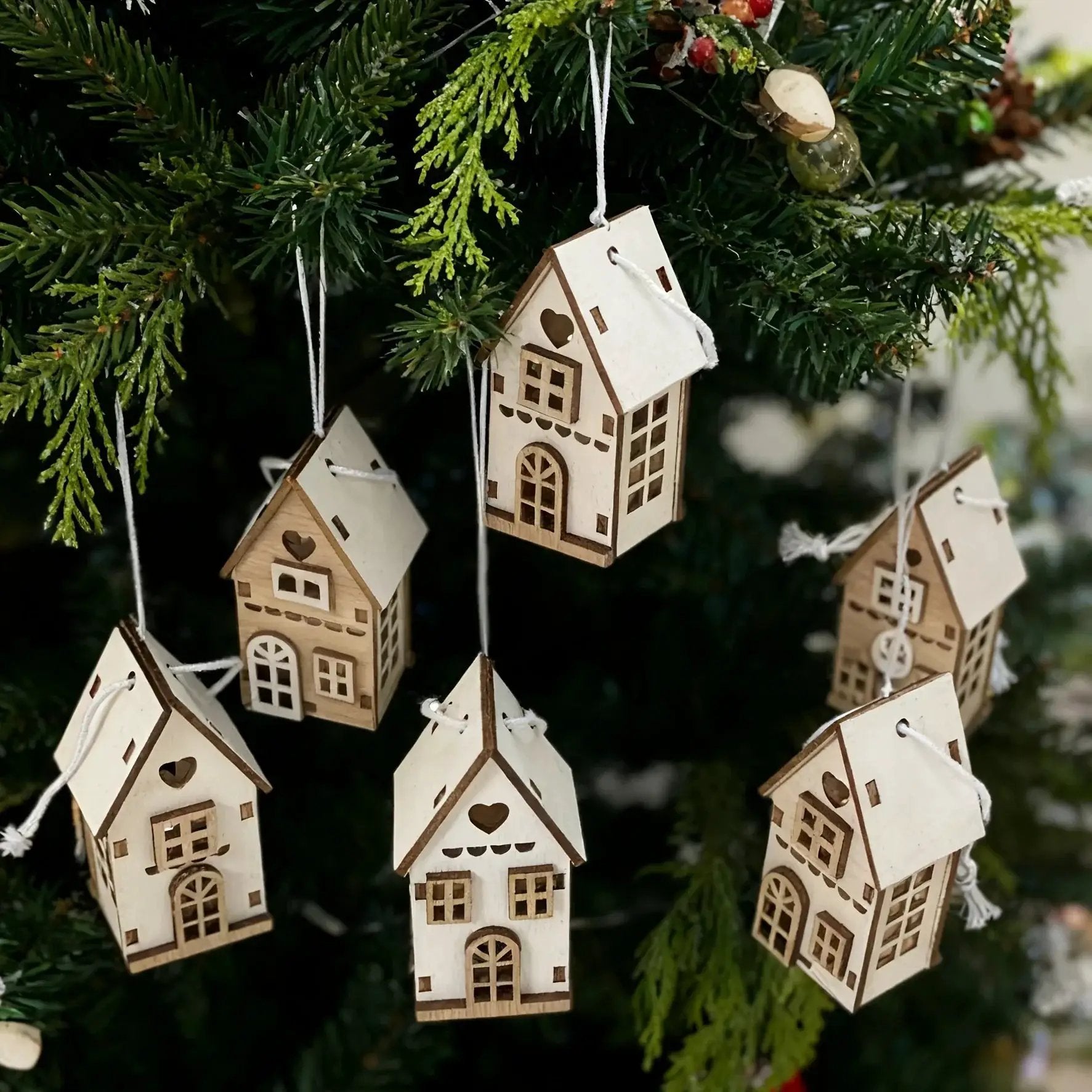 Wooden 3D Hanging House Ornament Brown and White with Windows by House Of Avana