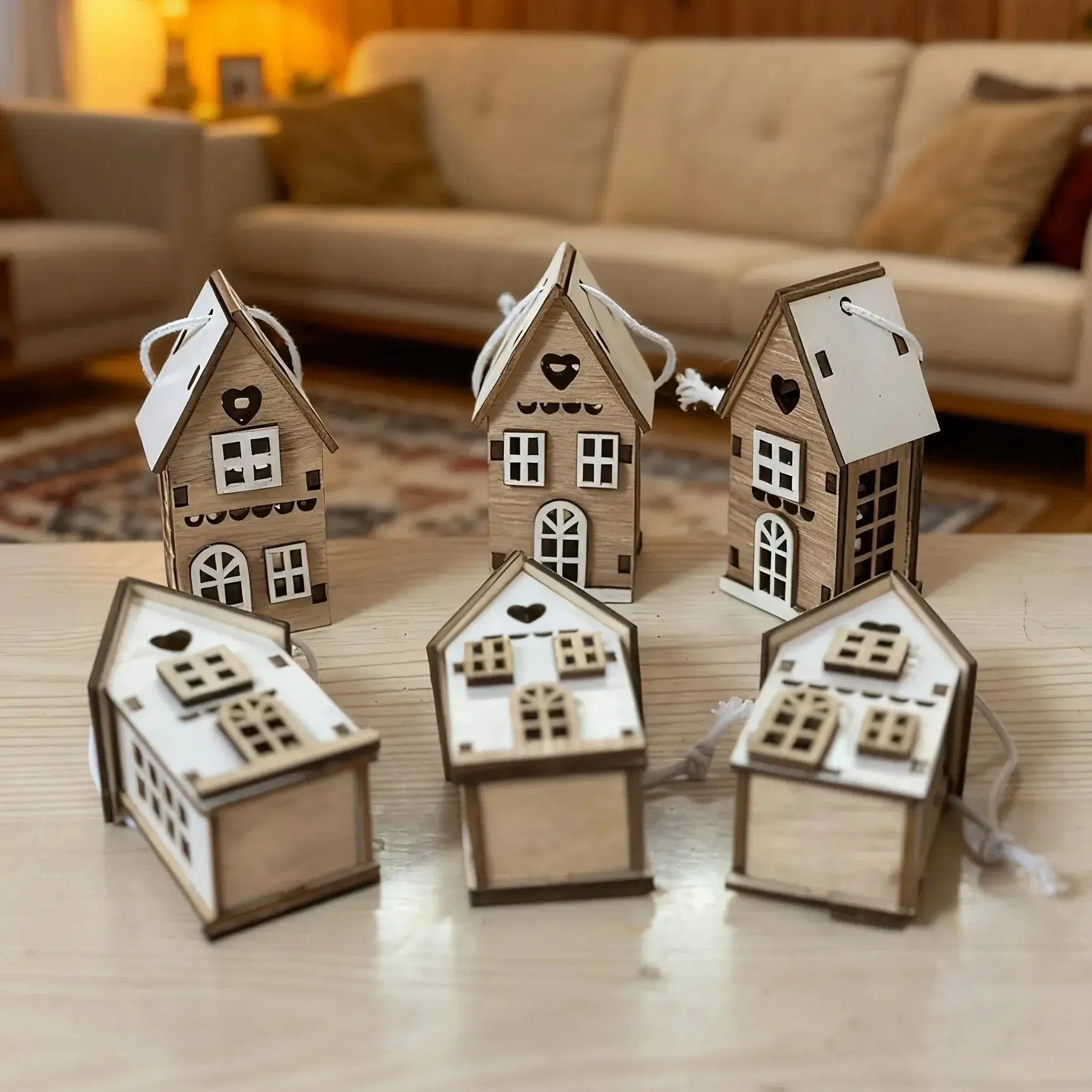 Wooden 3D Hanging House Ornament Brown and White with Windows by House Of Avana