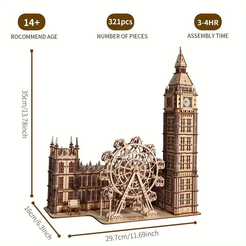 Wooden 3D Puzzle Model Kit of Big Ben with Interlocking Pieces by House Of Avana
