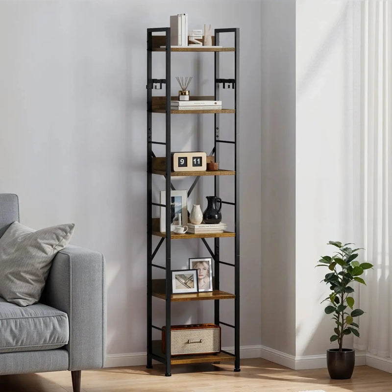 Wooden 6-Tier Brown Bookshelf with Storage Hooks by House Of Avana
