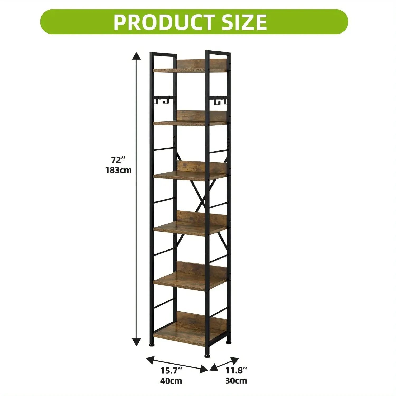 Wooden 6-Tier Brown Bookshelf with Storage Hooks by House Of Avana
