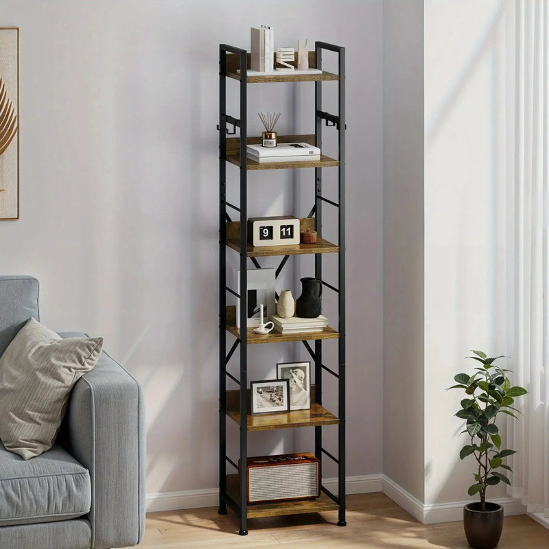 Wooden 6-Tier Brown Bookshelf with Storage Hooks by House Of Avana