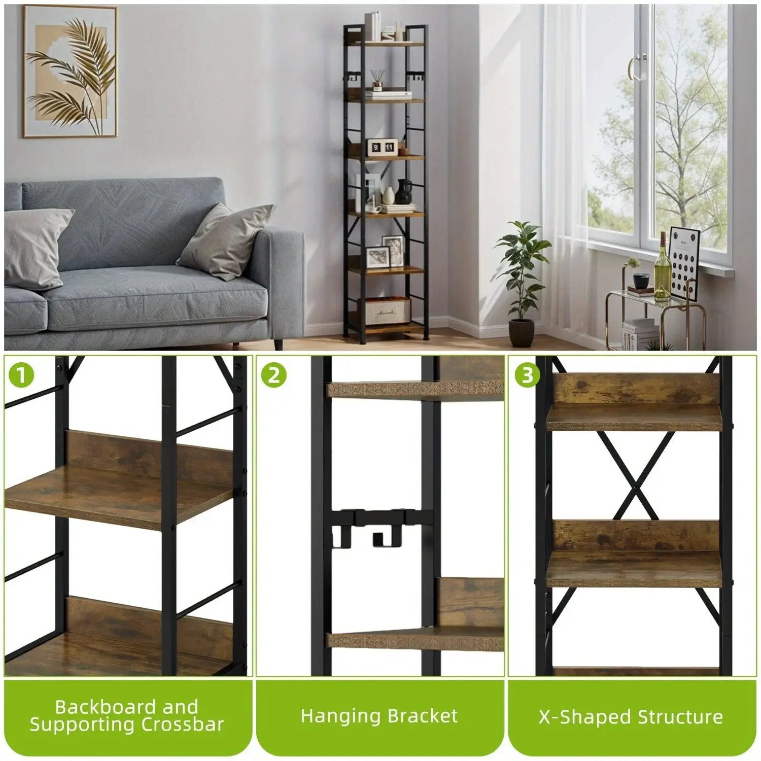 Wooden 6-Tier Brown Bookshelf with Storage Hooks by House Of Avana