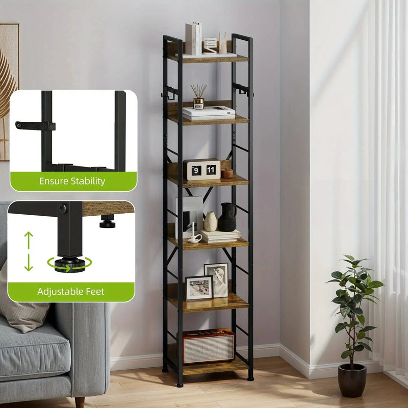 Wooden 6-Tier Brown Bookshelf with Storage Hooks by House Of Avana