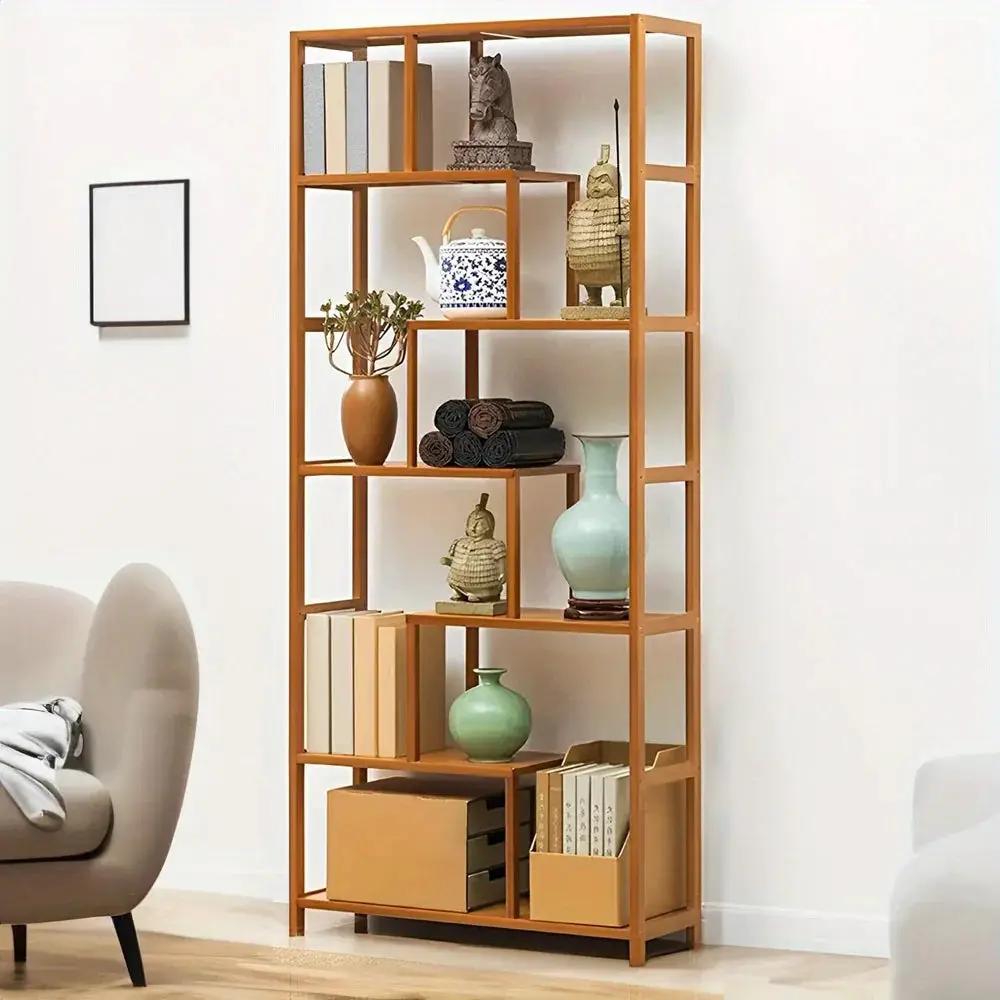 Wooden 7-Tier S-Shaped Bookcase with Storage by House Of Avana