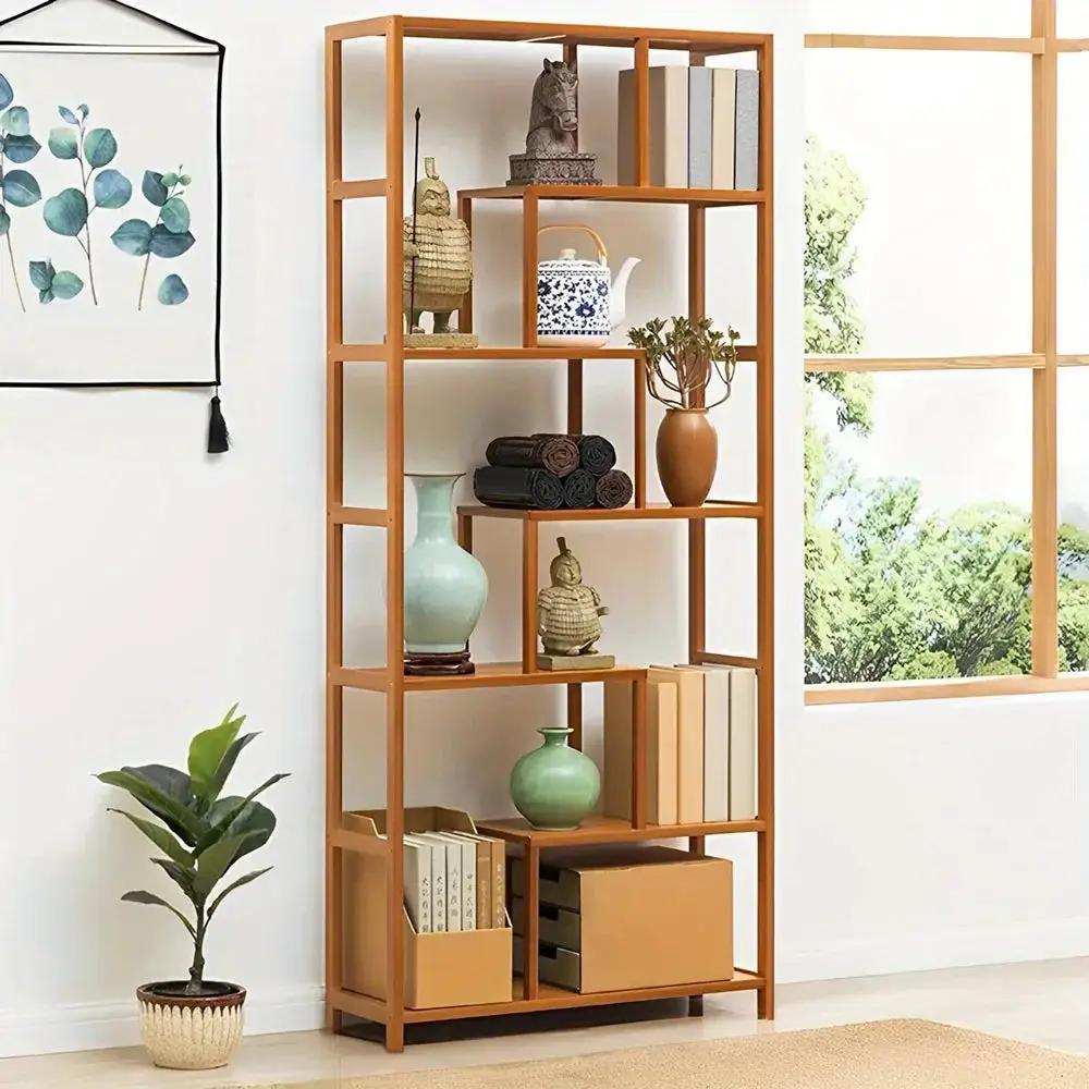 Wooden 7-Tier S-Shaped Bookcase with Storage