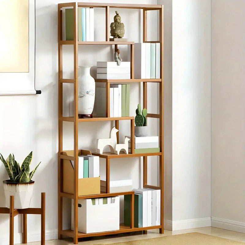 Wooden 7-Tier S-Shaped Bookcase with Storage