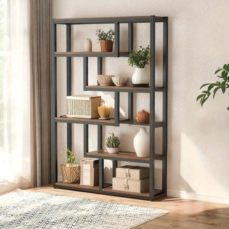 Wooden Bookcase with Staggered Shelves Modern Design by House Of Avana