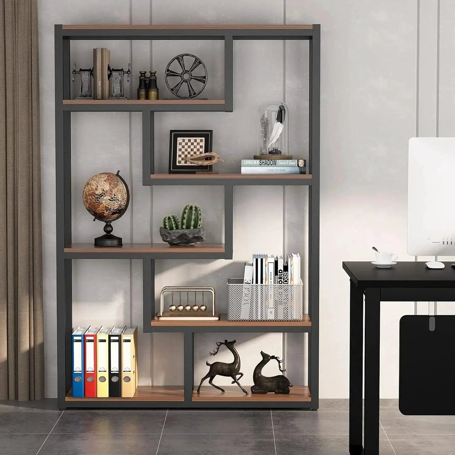Wooden Bookcase with Staggered Shelves Modern Design by House Of Avana