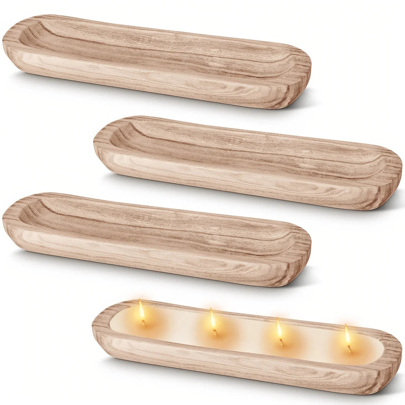 Wooden Bowls 4pcs, 20" x 6" x 2", Natural Wood with Visible Grain Patterns