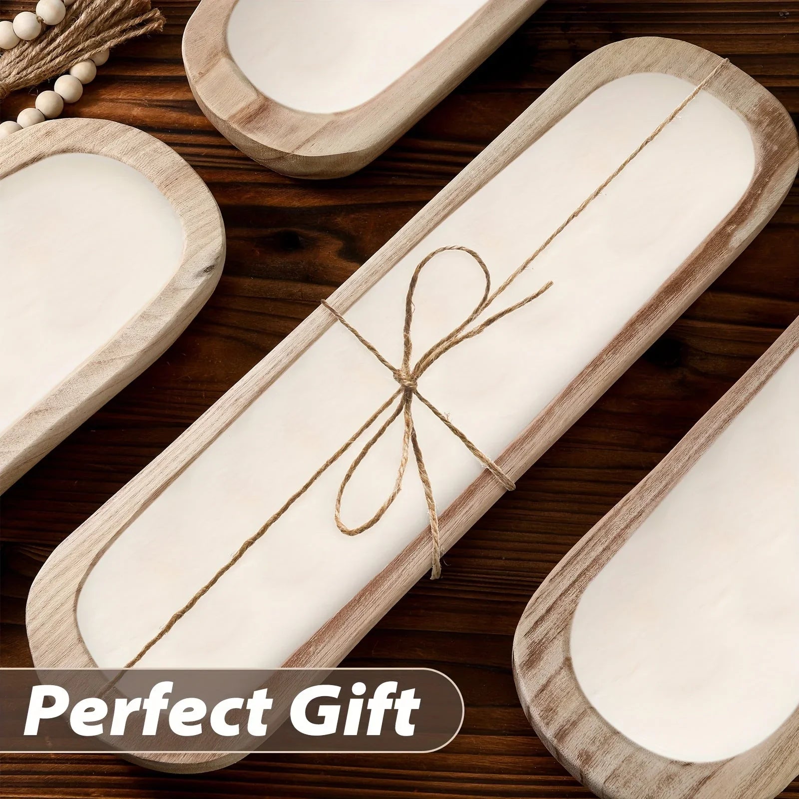 Wooden Bowls 4pcs, 20" x 6" x 2", Natural Wood with Visible Grain Patterns