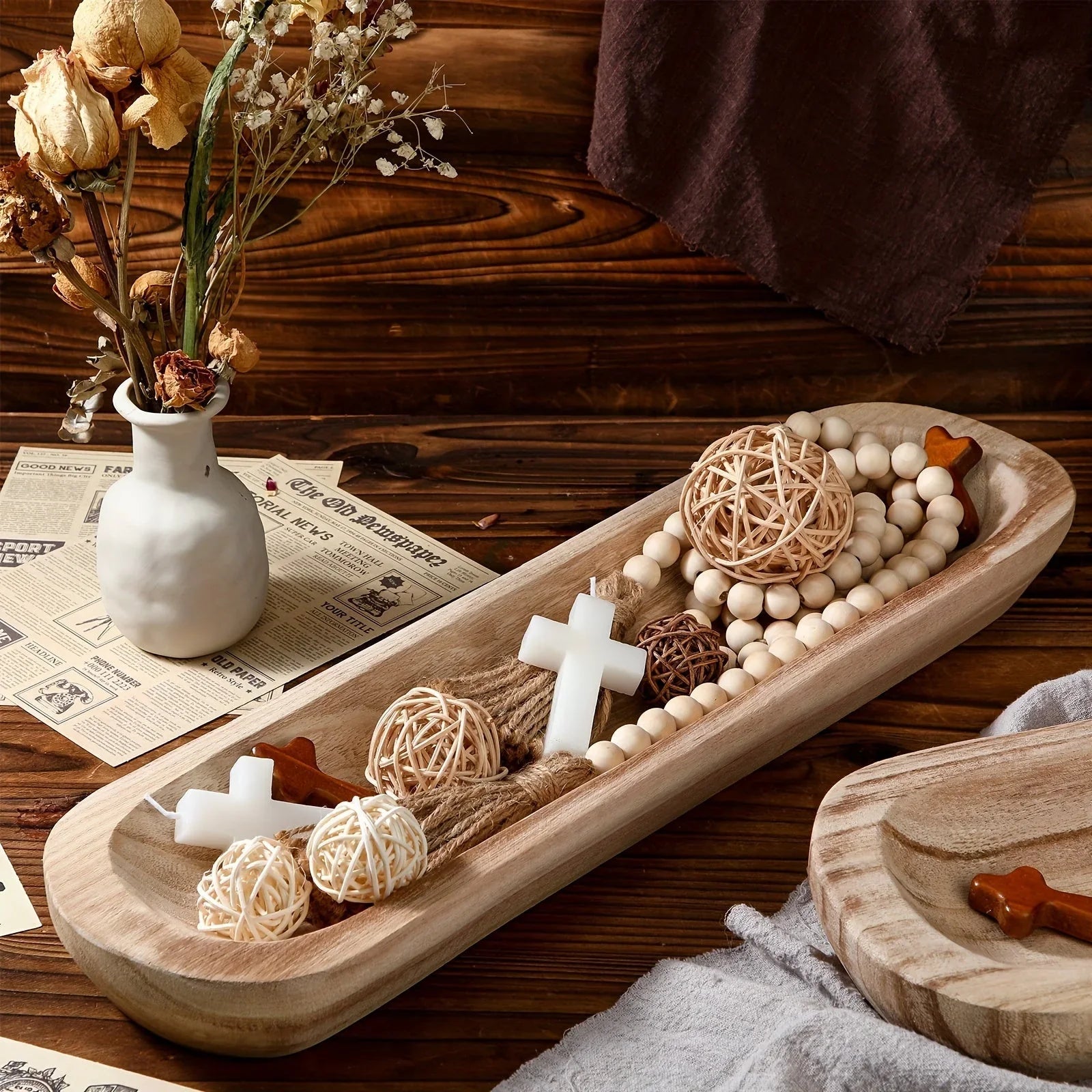 Wooden Bowls 4pcs, 20" x 6" x 2", Natural Wood with Visible Grain Patterns