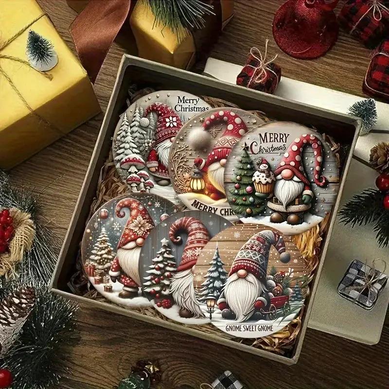 Wooden Coasters 6pc Set, Heat-Resistant Christmas Gnome Design by House Of Avana