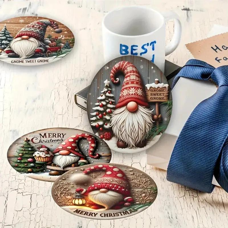 Wooden Coasters 6pc Set, Heat-Resistant Christmas Gnome Design by House Of Avana