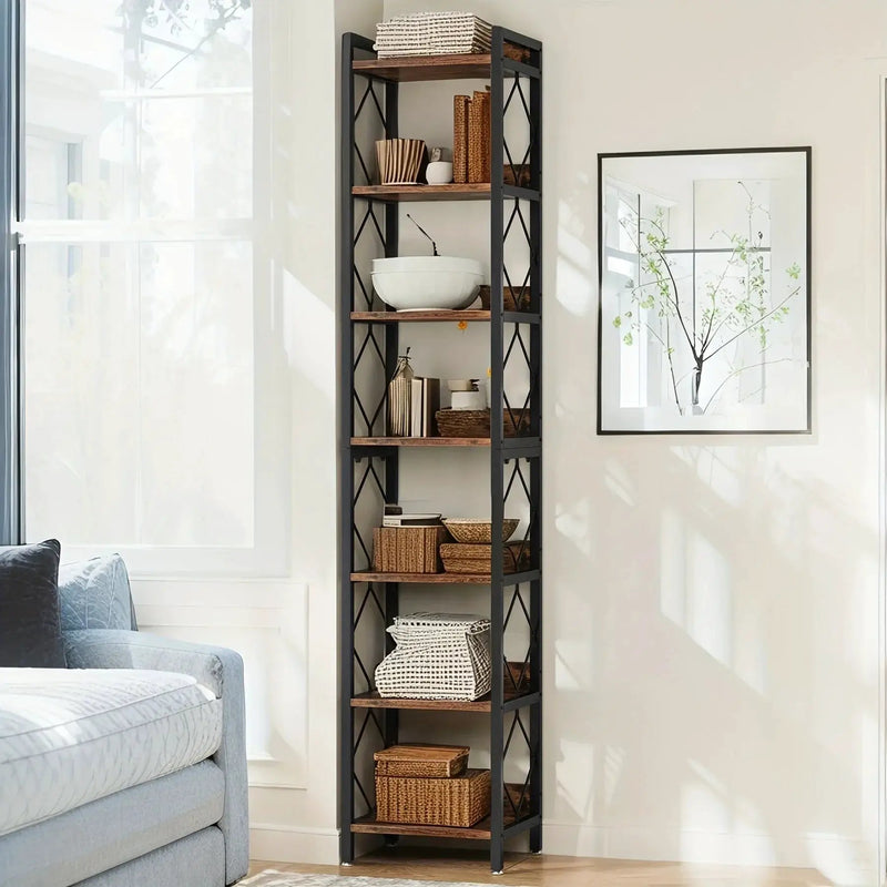 Wooden Corner Bookshelf 7-Tier Extra Tall Skinny Organizer by House Of Avana