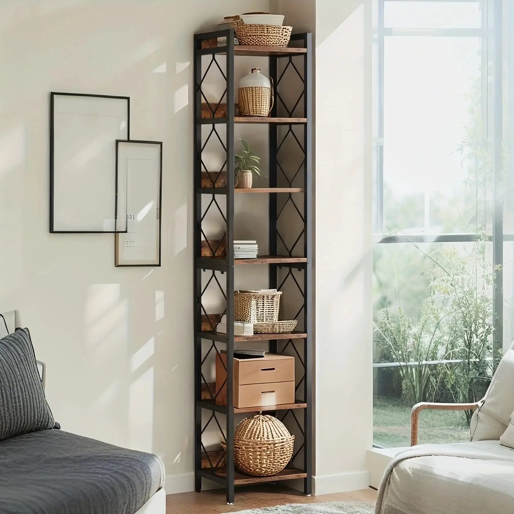 Wooden Corner Bookshelf 7-Tier Extra Tall Skinny Organizer by House Of Avana