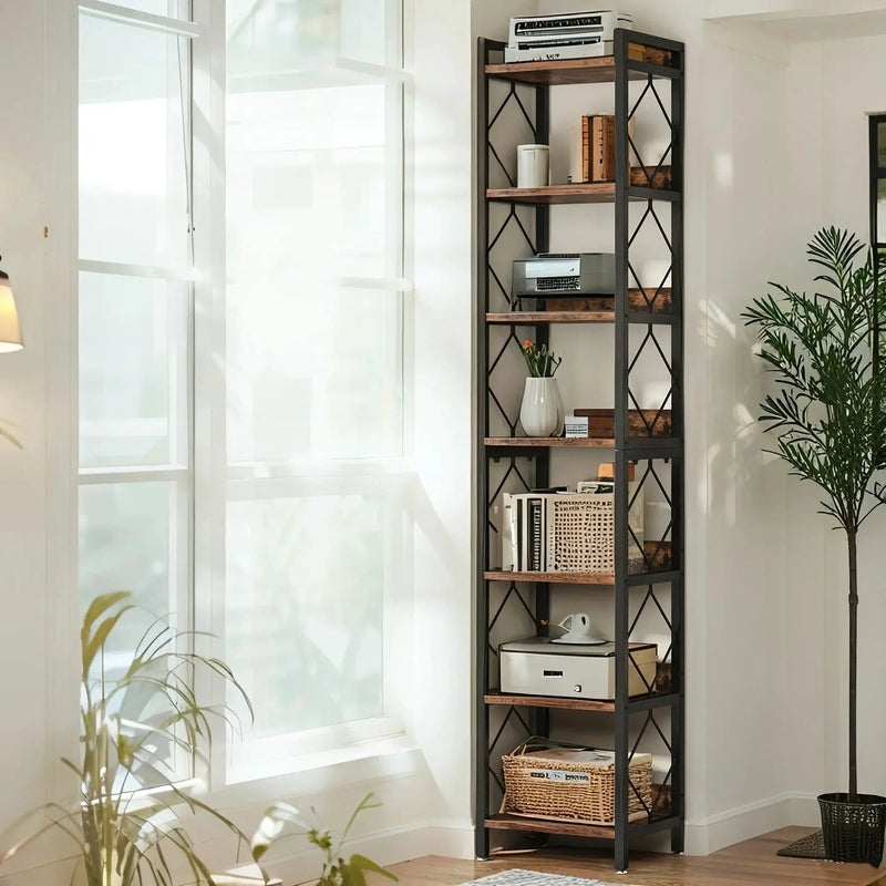 Wooden Corner Bookshelf 7-Tier Extra Tall Skinny Organizer by House Of Avana