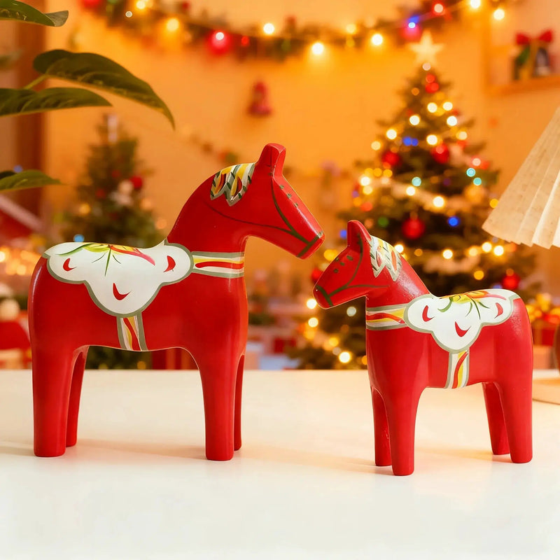 Wooden Dala Horse Figurines, Hand Painted Red Pair, Nordic Design by House Of Avana