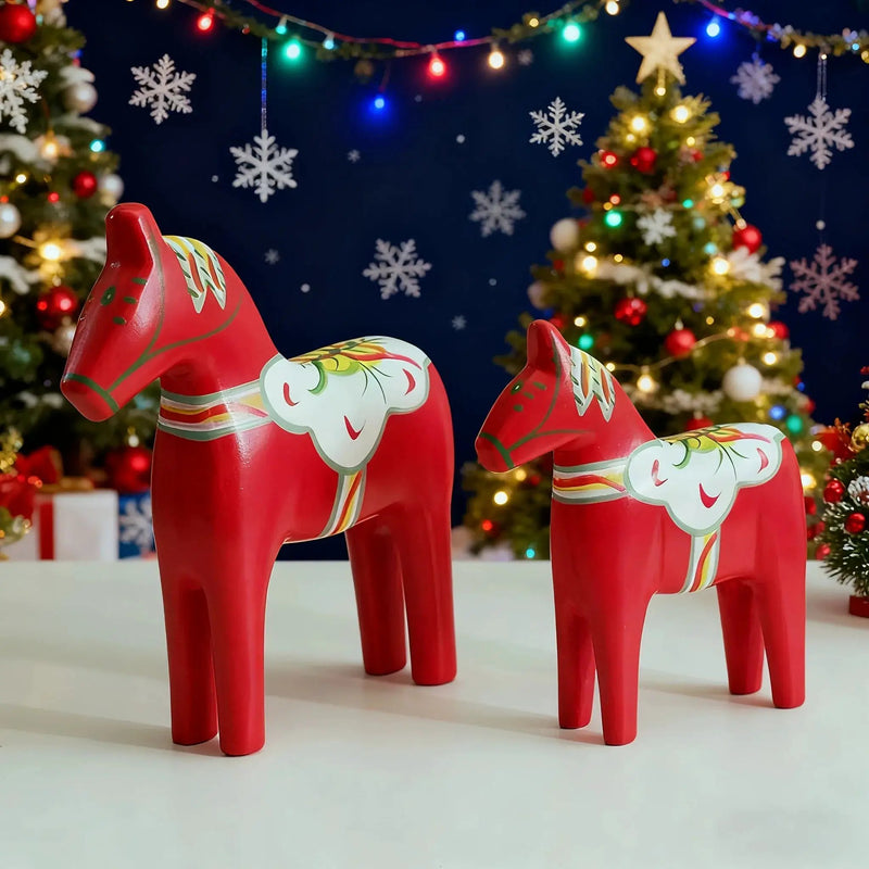 Wooden Dala Horse Figurines, Hand Painted Red Pair, Nordic Design by House Of Avana
