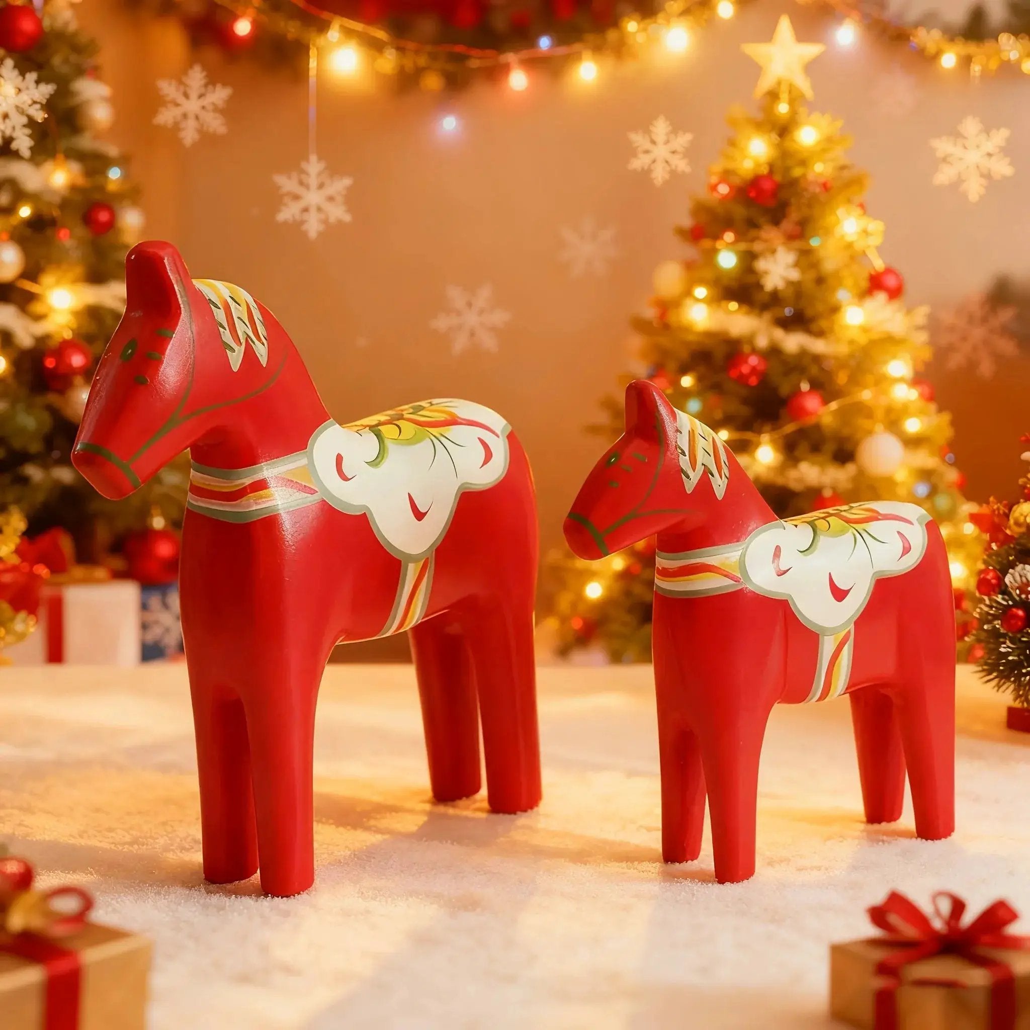 Wooden Dala Horse Figurines, Hand Painted Red Pair, Nordic Design by House Of Avana
