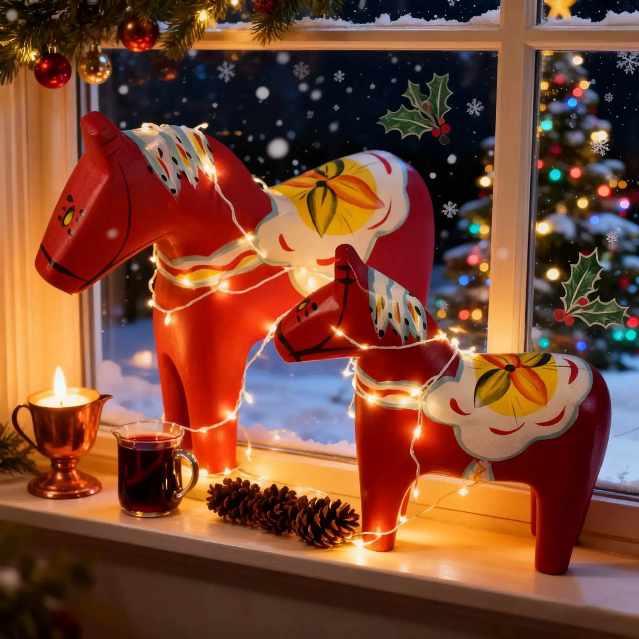 Wooden Dala Horse Figurines, Hand Painted Red Pair, Nordic Design by House Of Avana