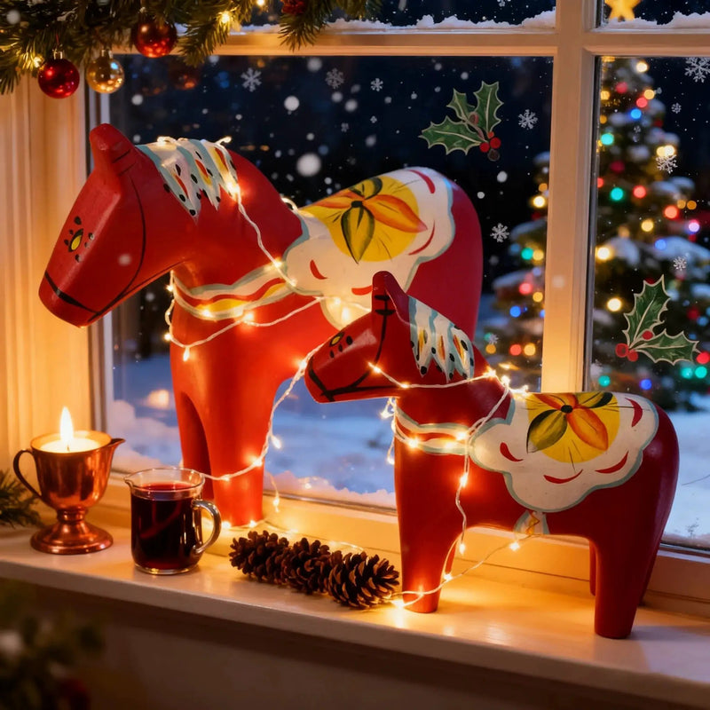 Wooden Dala Horse Figurines, Hand Painted Red Pair, Nordic Design by House Of Avana