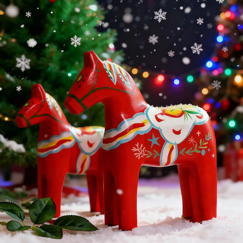 Wooden Dala Horse Figurines, Hand Painted Red Pair, Nordic Design by House Of Avana