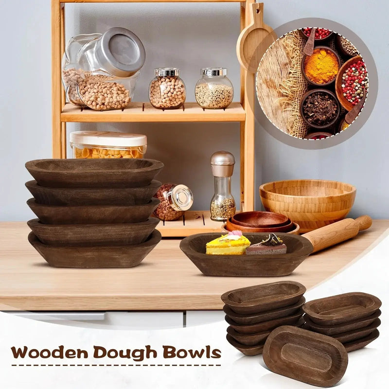 Wooden Dough Bowls 10 Pack Hand Carved Rustic Paulownia Wood for DIY Crafts and Farmhouse Decoration by House Of Avana