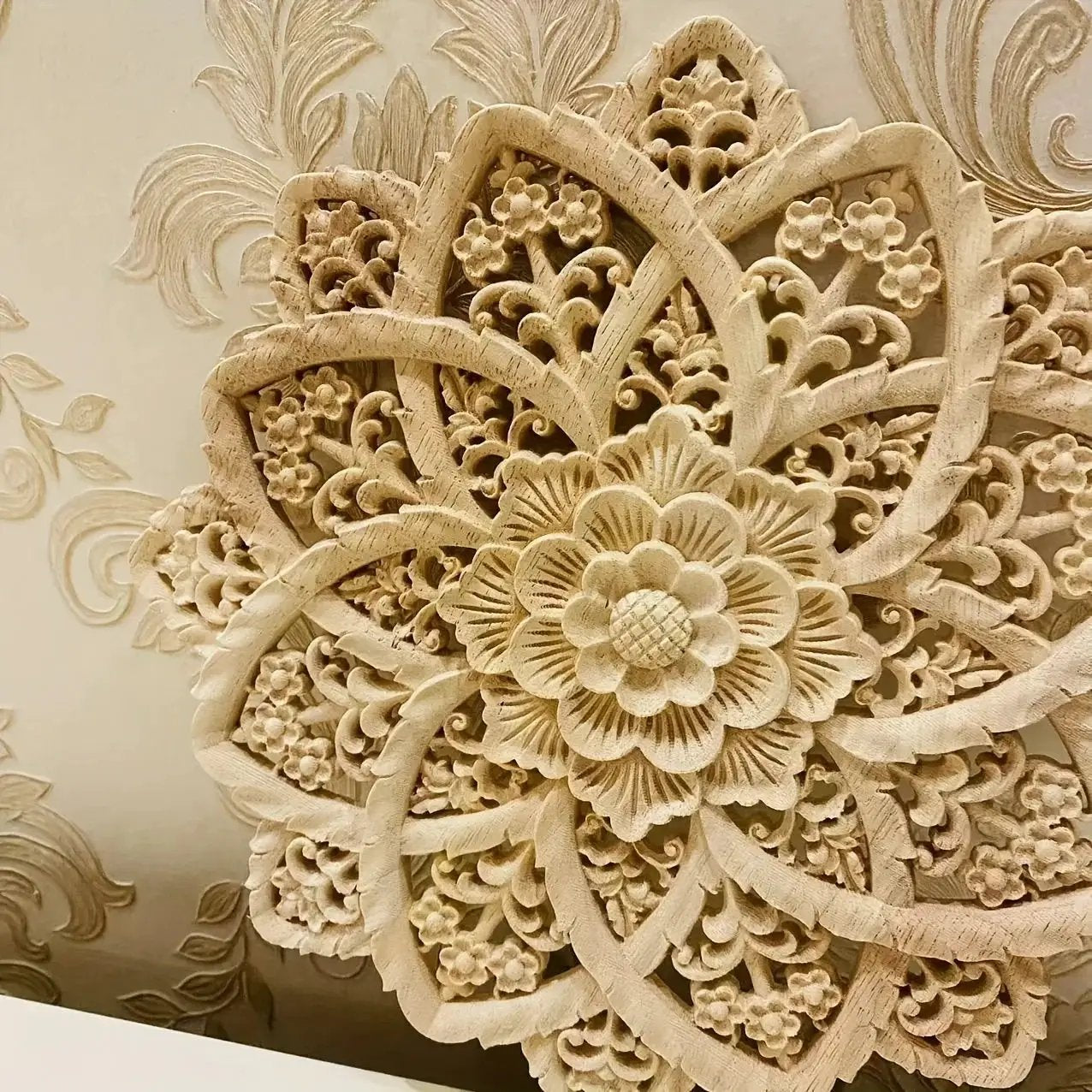Wooden Flower Carving Disc - Yellow Floral Design on Natural Wood by House Of Avana