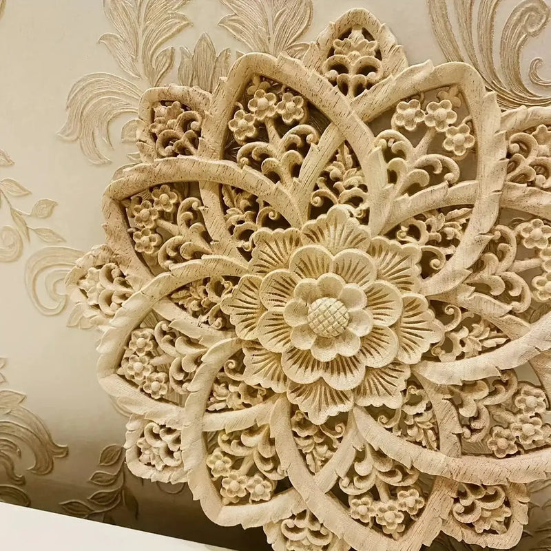 Wooden Flower Carving Disc - Yellow Floral Design on Natural Wood by House Of Avana