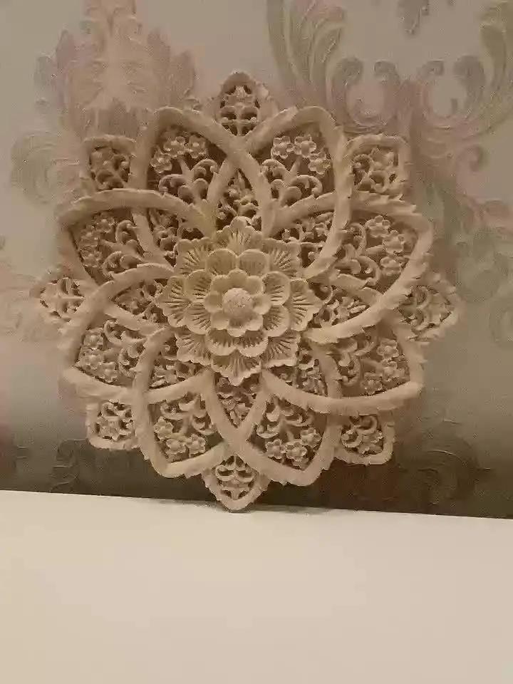 Wooden Flower Carving Disc - Yellow Floral Design on Natural Wood by House Of Avana