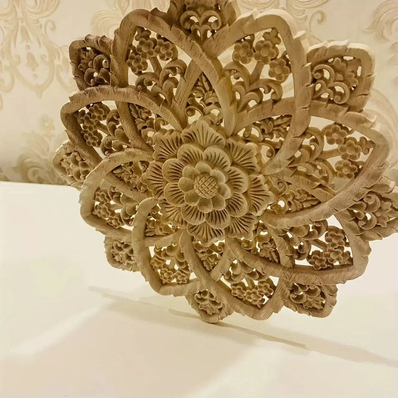 Wooden Flower Carving Disc - Yellow Floral Design on Natural Wood by House Of Avana