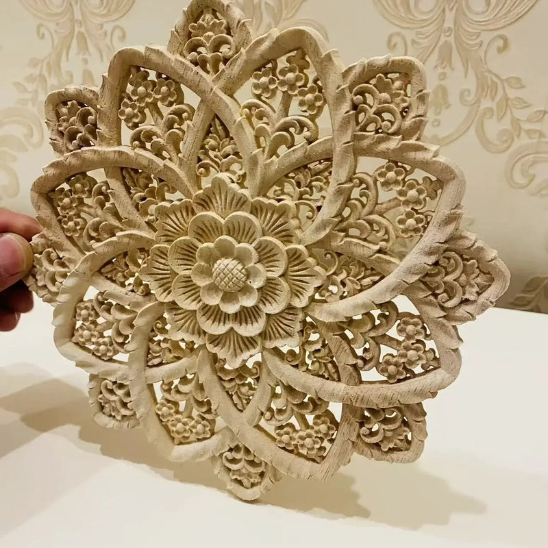 Wooden Flower Carving Disc - Yellow Floral Design on Natural Wood by House Of Avana